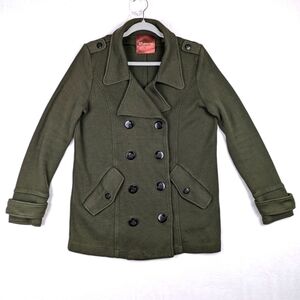 525 American Women's Olive Green Large Double Breasted Knit Pea Coat 100% Cotton